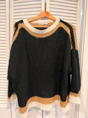 Brave + True Black Colorblock Crewneck Sweater with Tan & Cream Trim